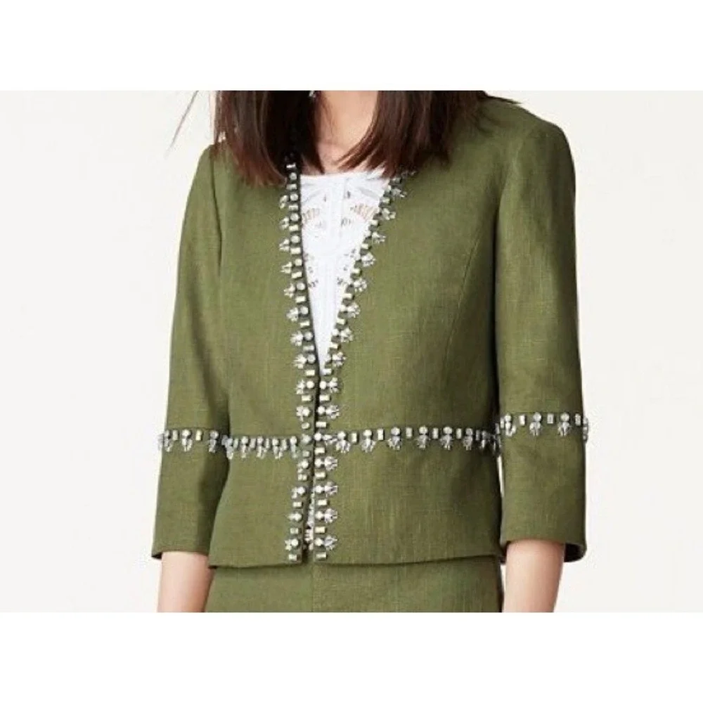 Tory Burch Avery Embellished Linen jacket Sz4‎ crystal beaded Olive green garden